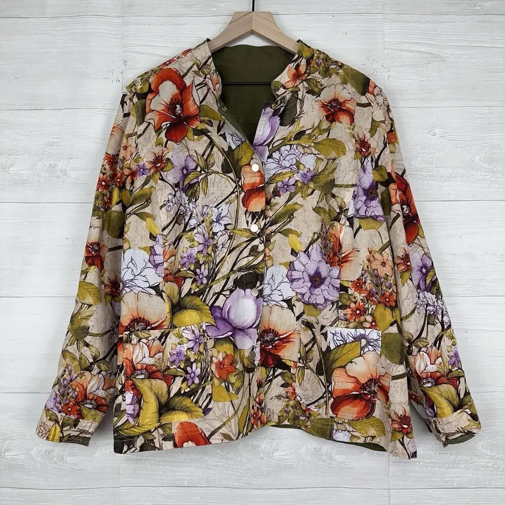 Chico's 100% Linen Jacket Plus Size 20-22‎ Reversible Floral Olive Green Pockets - Picture 9 of 16